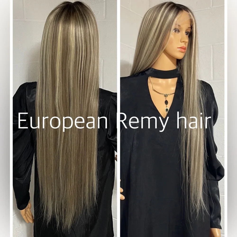 NWT ash blonde human hair wig highlights 100%virgin Remy preplucked hand tied 32